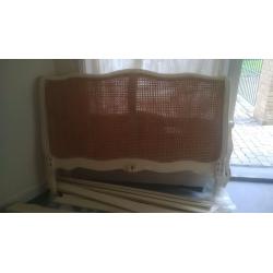 Shabby Chic Double Bed with Carved Detailing and Rattan Headboard
