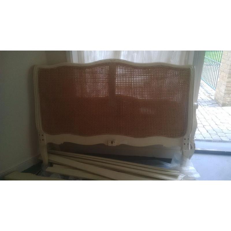 Shabby Chic Double Bed with Carved Detailing and Rattan Headboard