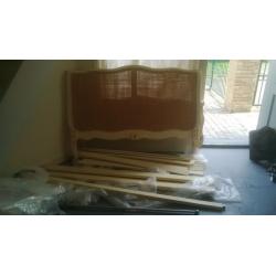 Shabby Chic Double Bed with Carved Detailing and Rattan Headboard