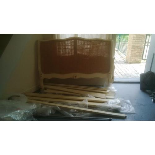 Shabby Chic Double Bed with Carved Detailing and Rattan Headboard