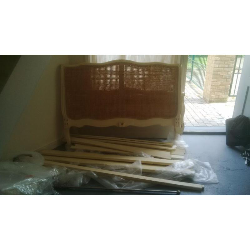 Shabby Chic Double Bed with Carved Detailing and Rattan Headboard