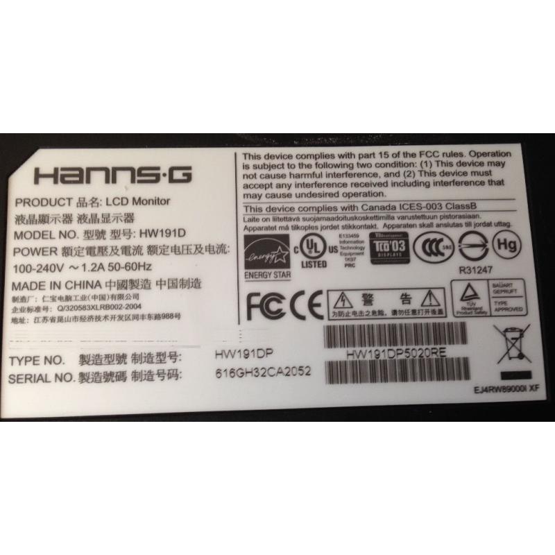 19 inch HannsG HW191D Widescreen LCD TFT , VGA, DVI Speakers computer Screen Monitor with speakers