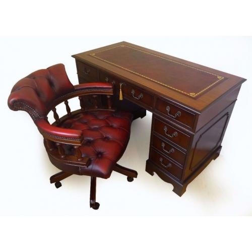 Antique Style Twin Pedestal New Leather Top Writing Partners Desk+Captains Chair