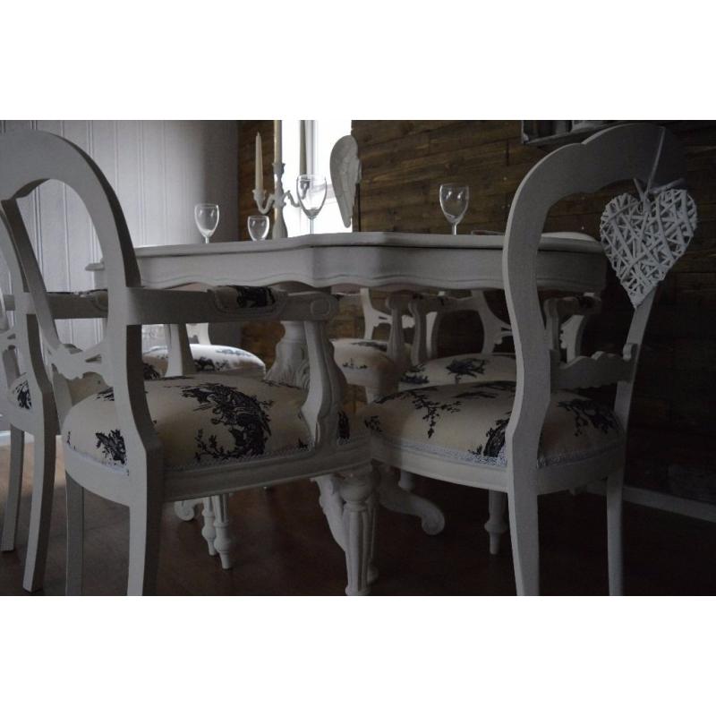 Italian Louis Dining Table & 6 Balloon Chairs Antique White Toile De Jouy Fabric