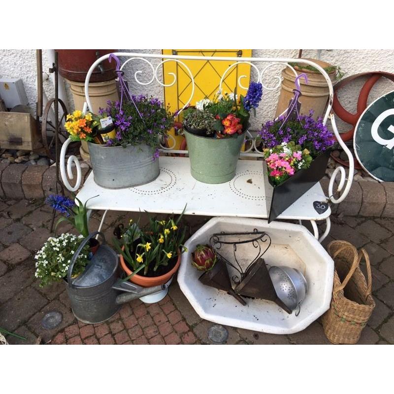 Vintage green enamel French bucket garden planter pot shabby