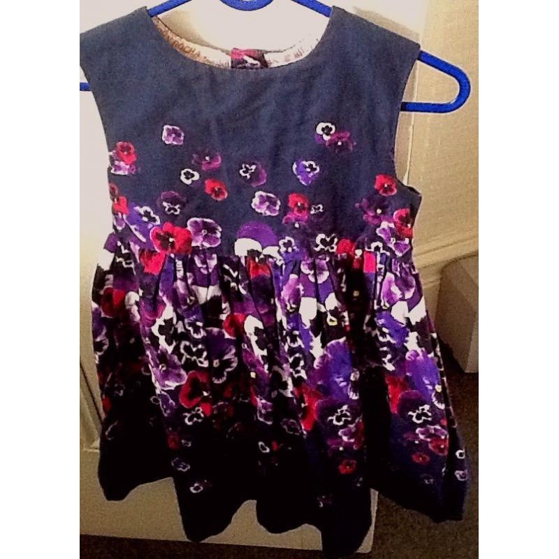 Girls Navy and Pink Floral Design Cotton Dress with Mesh Detailing by Miss E-Vie. 7rs