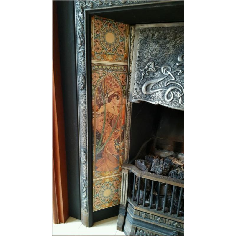 Art Nouveau Cast Iron Tiled Fireplace and Mantelpiece