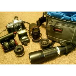 Vintage camera, bag and lenses
