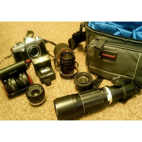 Vintage camera, bag and lenses