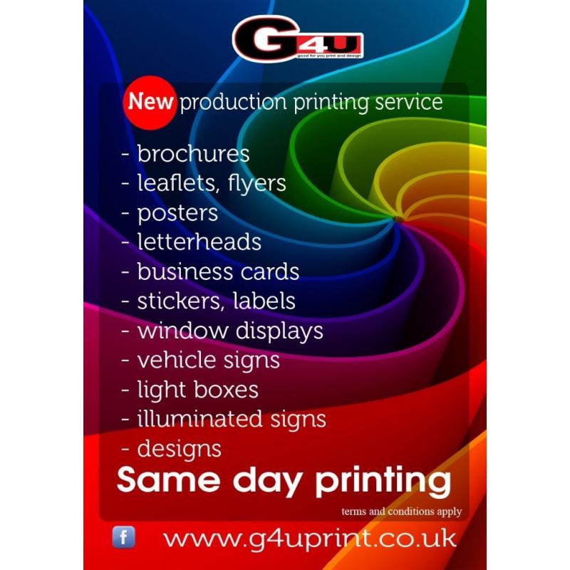Labels, stickers printing, leaflets same day, vehicle signs, posters, illuminated signs, video signs