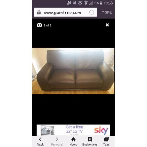Large 2 seater brown leather sofa