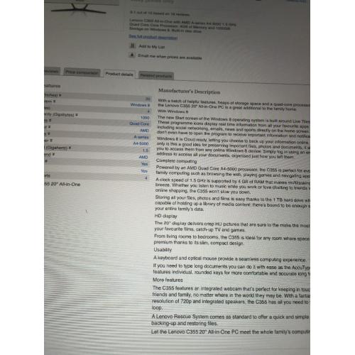 Lenovo c355 all in one pc