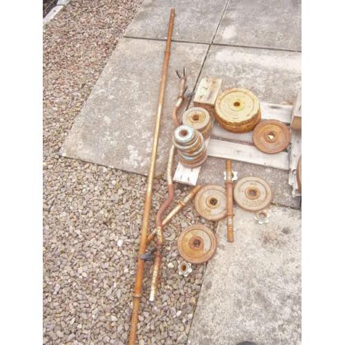 Bench, bars and 47kg of iron weights, ideal for outside CHEAP