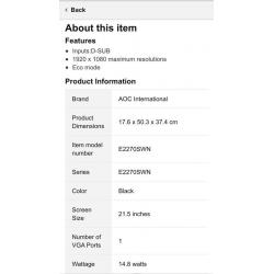 AOC 21.5" Led Widescreen Monitor Brand New