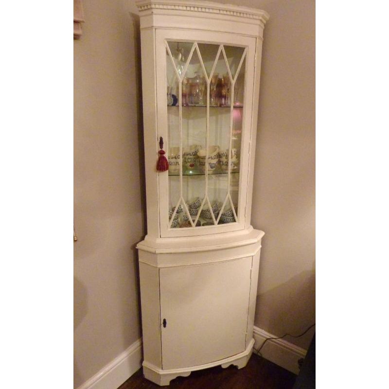 Vintage wooden corner display cupboard painted in Farrow & Ball, cream, shabby chic