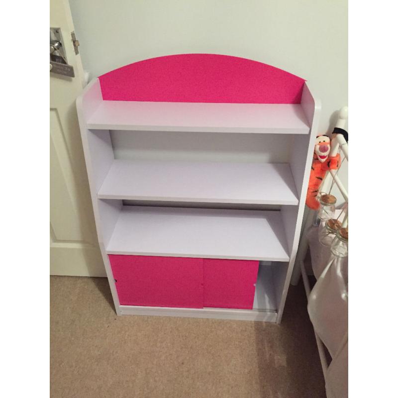 Girls small pink and grey bookcase with sliding cupboard