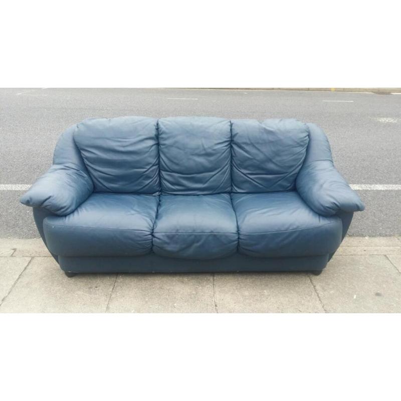 Blue leather 3 seater sofa