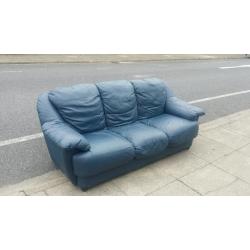 Blue leather 3 seater sofa