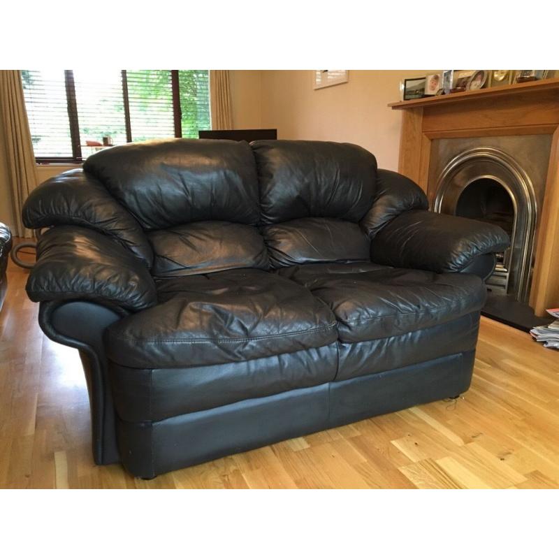 LEATHER SOFA - two seater, used, dark blue/black