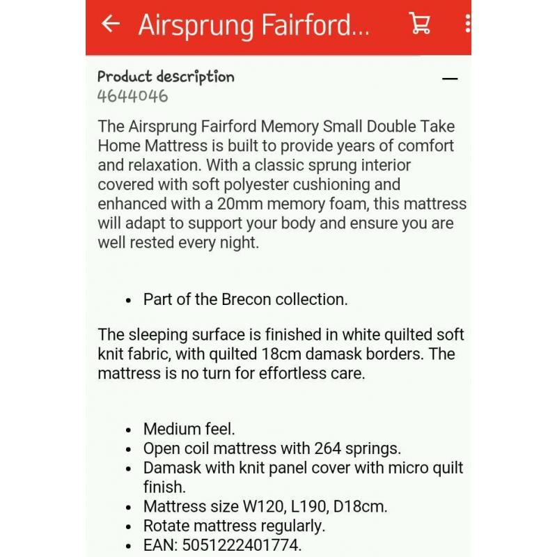 Airsprung 4ft mattress NEW