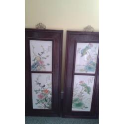 Stunning antique fire screen and hand painted chinese framed tiles for sale