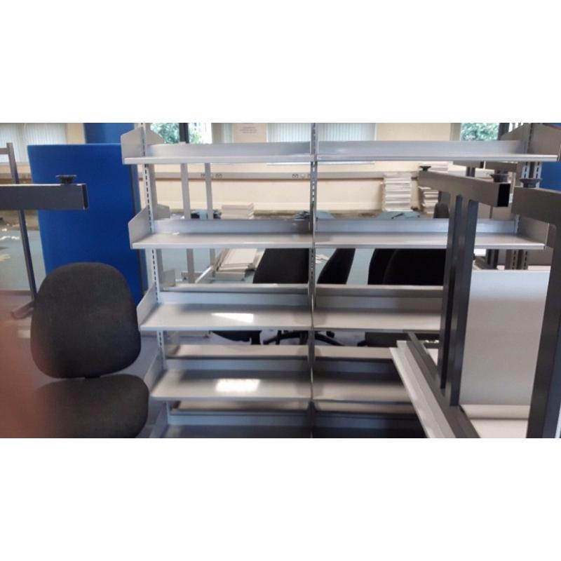 Large quantity of double sided metal shelving