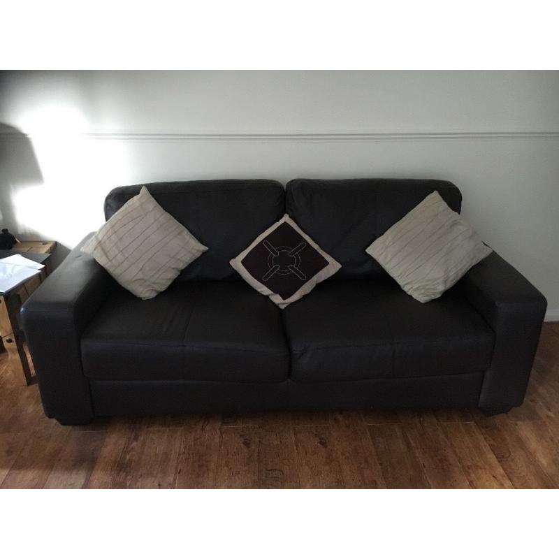 X2 leather style choc sofas one v.good condition one with defects
