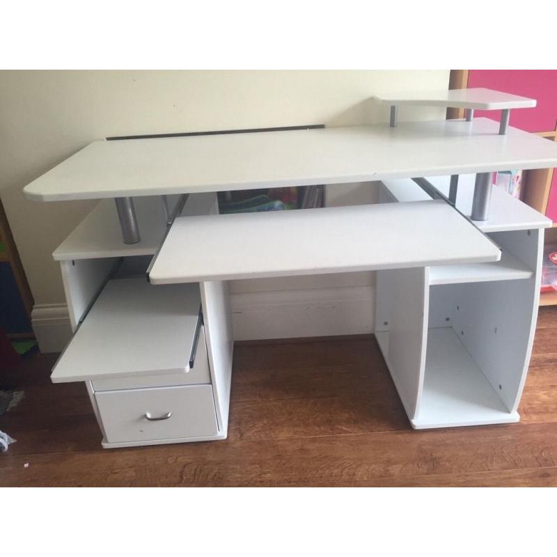 Sturdy White Computer/ Study Desk with pull out shelves and monitor stand