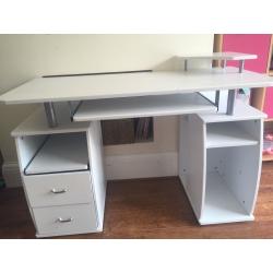 Sturdy White Computer/ Study Desk with pull out shelves and monitor stand