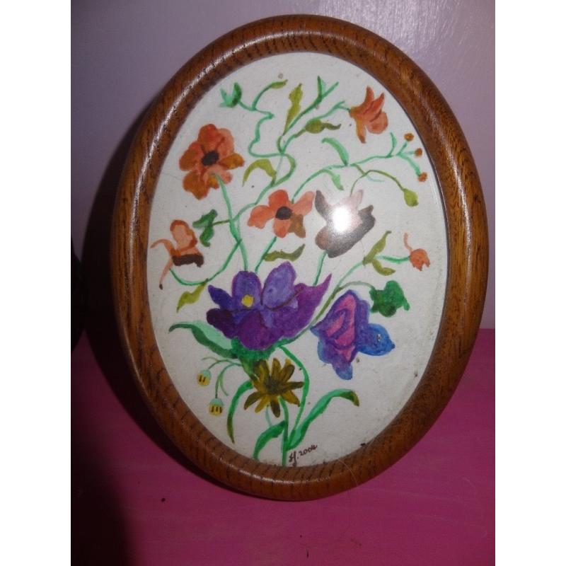 Original floral painting in oval wood frame