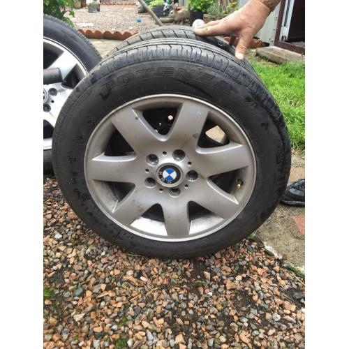 Four tyres and 16" BMW alloys... 2x Bridgestone 2x Ketter tyres. 205 55 16 Good as new