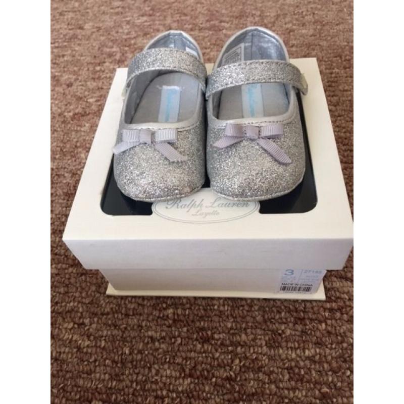 Silver Glitter Ralph Lauren Layette Size 3 Baby Girls Shoe 6 - 9 months