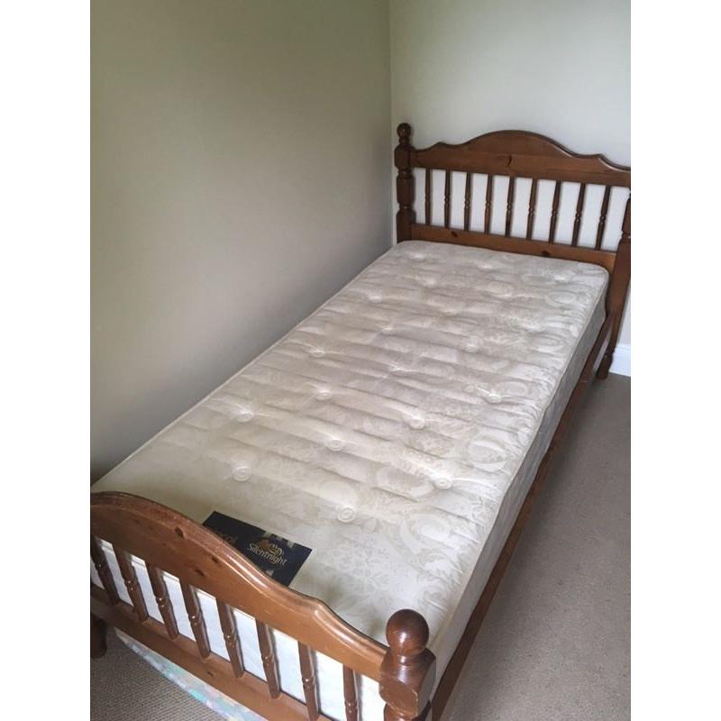 Solid wood pines single bed with silent night miracoil mattress.