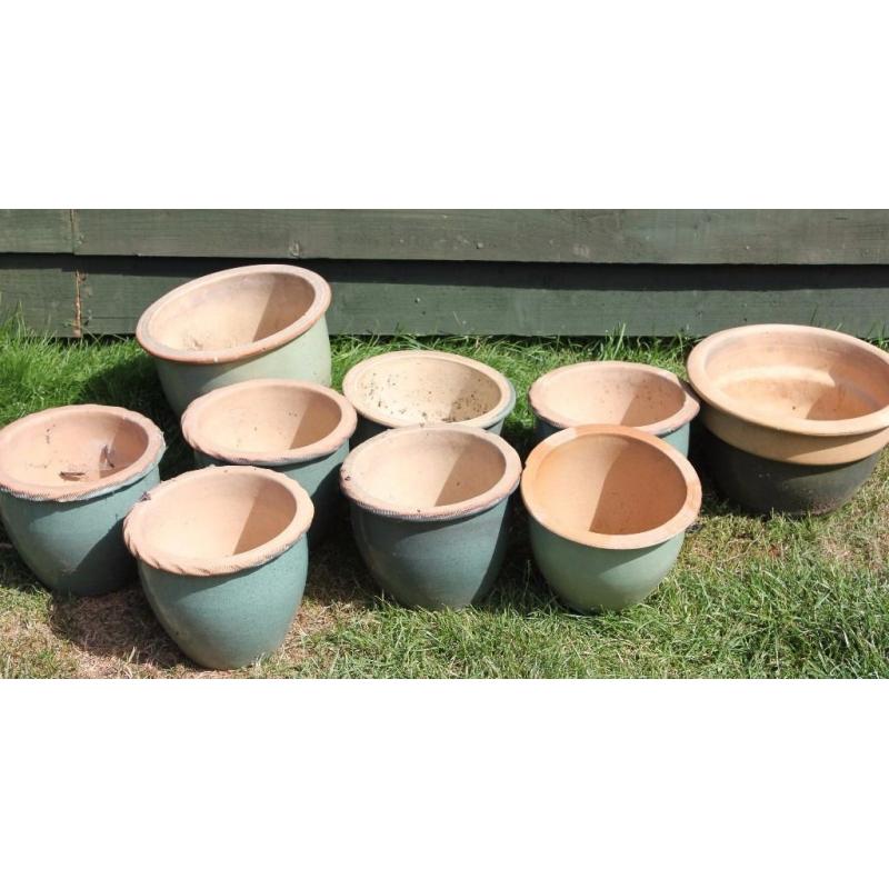 9 Green Glazed garden pots
