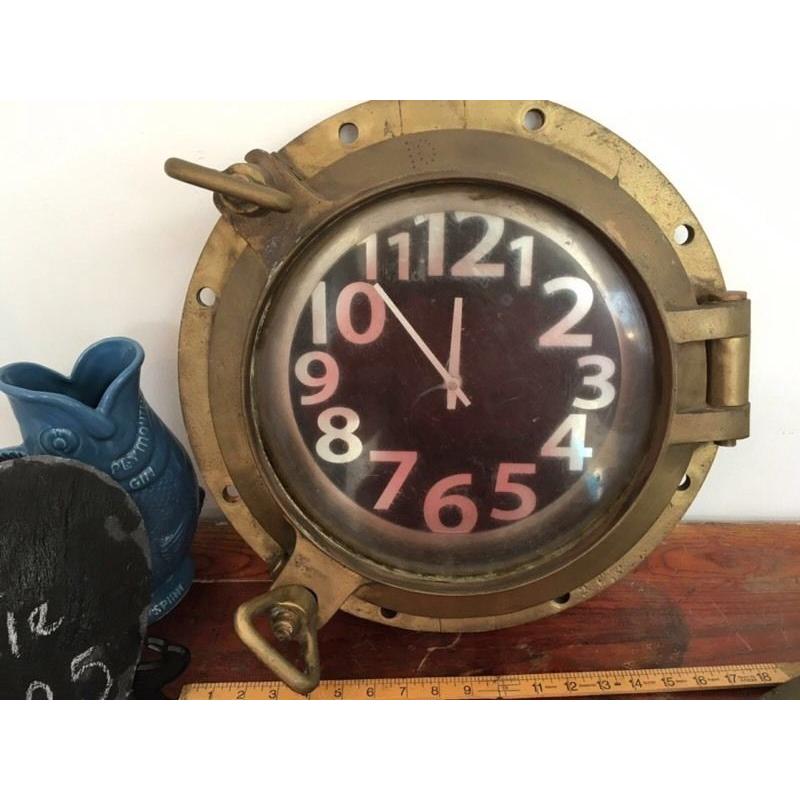 Antique brass port hole clock sailing vintage retro very heavy