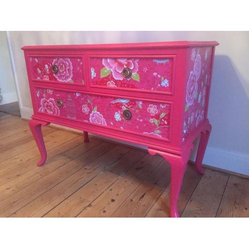 Queen Ann spray-painted/decoupage chest of drawers - UK delivery available