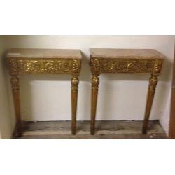 Pair of antique French gilt legged marble top consoles
