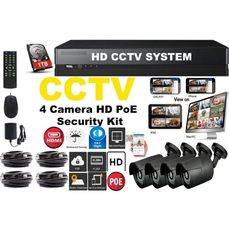4 Camera HD PoE CCTV System with DVR, 1000GB Hard Drive, cables, brackets, PSU - BRAND NEW
