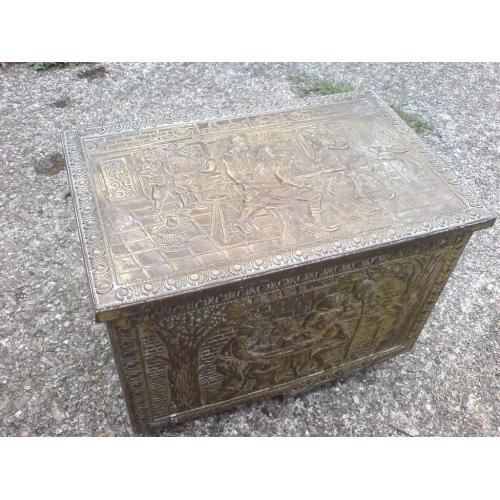 VICTORIAN EMBOSSED BRASS COVERED STEEL LOG BOX