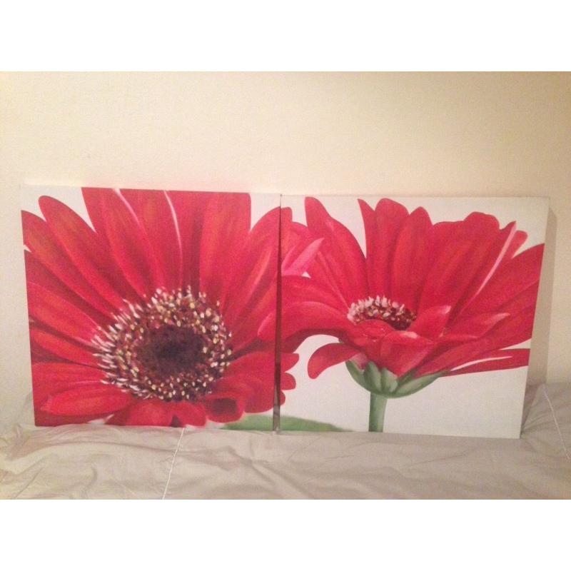 DOUBLE RED GERBERA DAISY WALL ART CANVASES