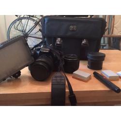 Canon EOS Rebel T2i (550d) + Batteries, case, fisheye lens, 50mm prime lens, videolight & more