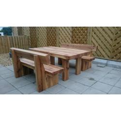 Oak table and bench set garden furniture set railway sleeper bench Loughview Joinery Ltd