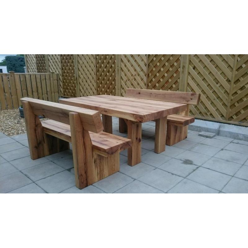 Oak table and bench set garden furniture set railway sleeper bench Loughview Joinery Ltd