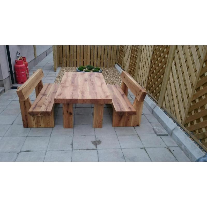 Oak table and bench set garden furniture set railway sleeper bench Loughview Joinery Ltd