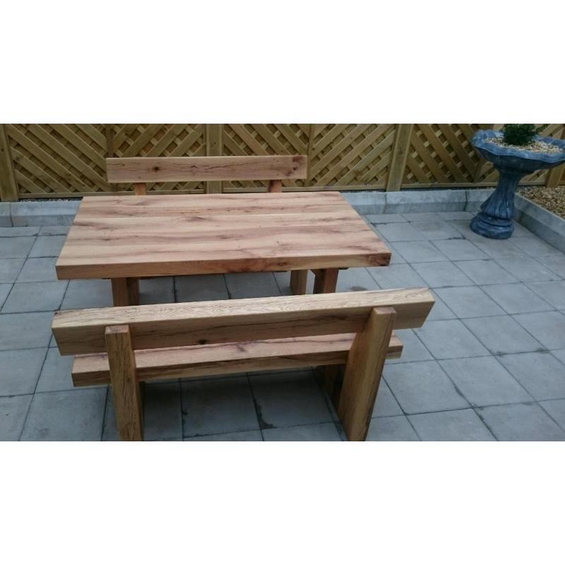 Oak table and bench set garden furniture set railway sleeper bench Loughview Joinery Ltd