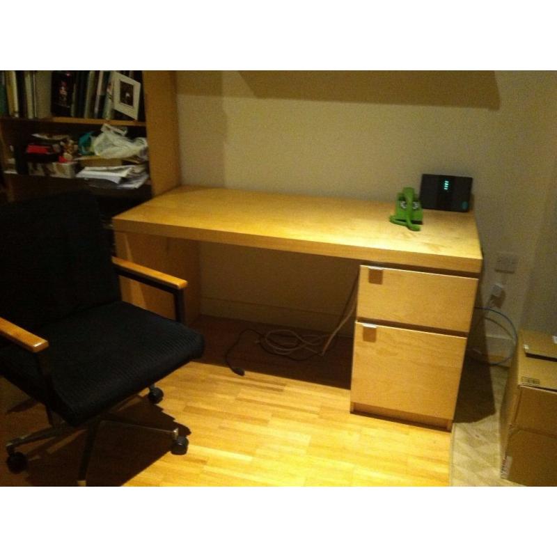Ikea Malm study desk in Birch, office chair and shelf units -Good condition