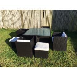 Rattan square garden table with 4 chairs and stools