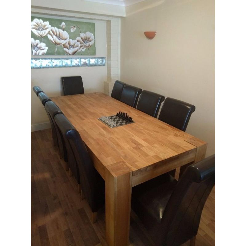 6ft x 3ft Solid Oak Extending Dining Table + 10 Brown Leather Scroll Back Chairs
