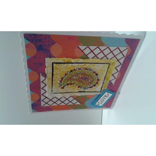 handmade Paisley design greeting card using hand carved Indian block onto recycled cotton rag paper
