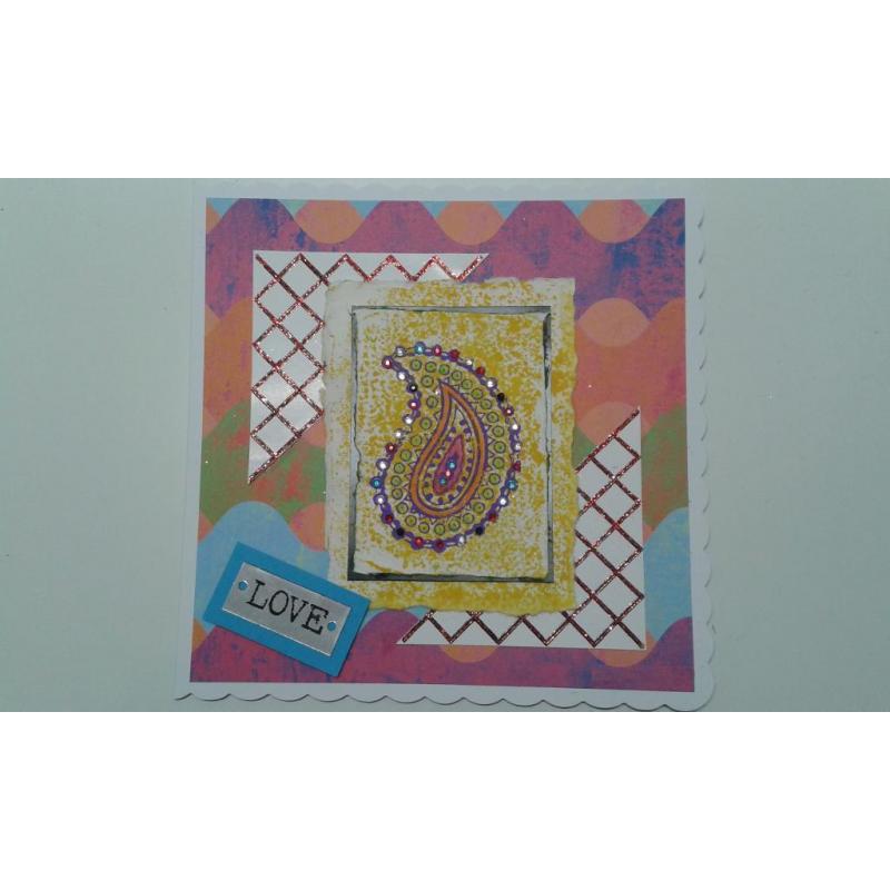 handmade Paisley design greeting card using hand carved Indian block onto recycled cotton rag paper